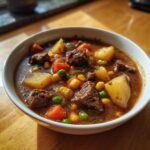 Close-up of a white bowl filled with rich hamburger soup featuring chunks of beef, potatoes, carrots, peas, and corn.
