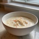 A white bowl filled with rich, creamy homemade cream of chicken soup topped with shredded chicken.