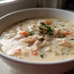 A close-up of a white bowl filled with rich, creamy homemade cream of chicken soup, topped with shredded chicken, carrots, and fresh parsley.