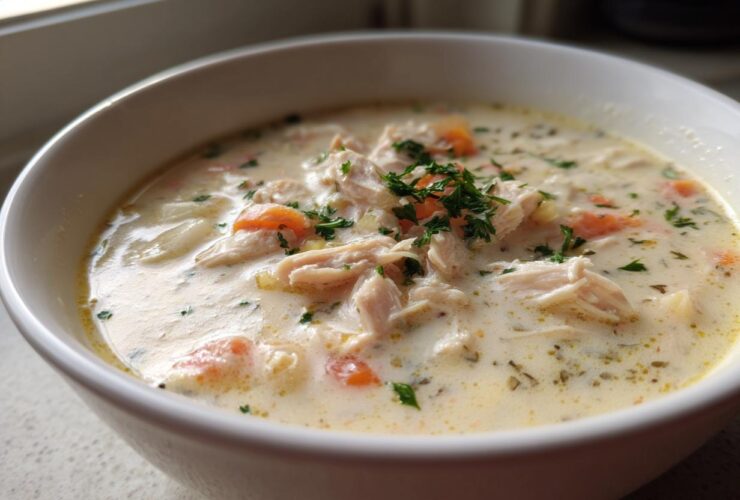 A close-up of a white bowl filled with rich, creamy homemade cream of chicken soup, topped with shredded chicken, carrots, and fresh parsley.
