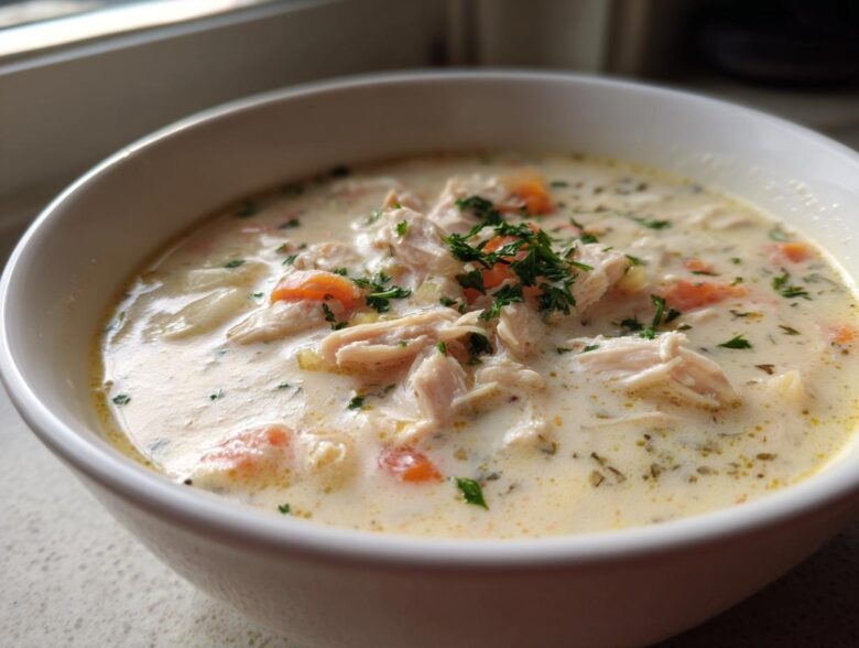 A close-up of a white bowl filled with rich, creamy homemade cream of chicken soup, topped with shredded chicken, carrots, and fresh parsley.