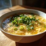 A close-up of a white bowl filled with golden yellow egg drop soup, topped generously with fresh green scallions.