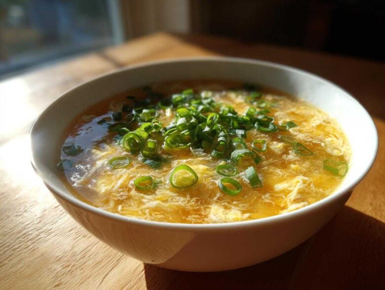 A close-up of a white bowl filled with golden yellow egg drop soup, topped generously with fresh green scallions.