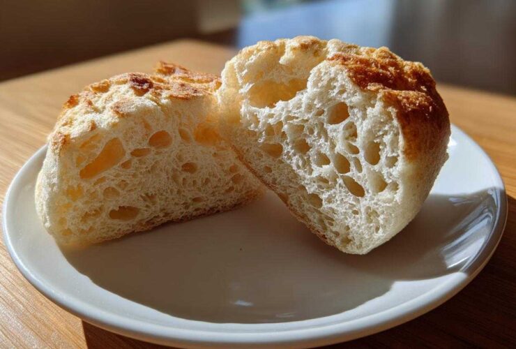Close-up of homemade English muffins split in half showing the signature open, airy crumb structure.