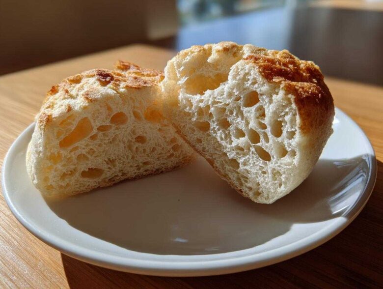 Close-up of homemade English muffins split in half showing the signature open, airy crumb structure.