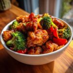 Close-up of glossy, saucy honey garlic chicken stir fry mixed with bright green broccoli and red bell peppers in a white bowl.