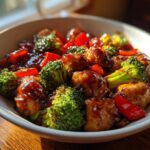 A close-up of a white bowl filled with glossy honey garlic chicken stir fry, featuring chicken pieces, bright green broccoli, and red bell peppers.