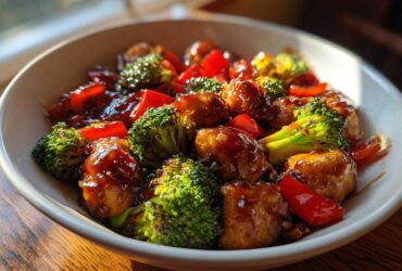 A close-up of a white bowl filled with glossy honey garlic chicken stir fry, featuring chicken pieces, bright green broccoli, and red bell peppers.