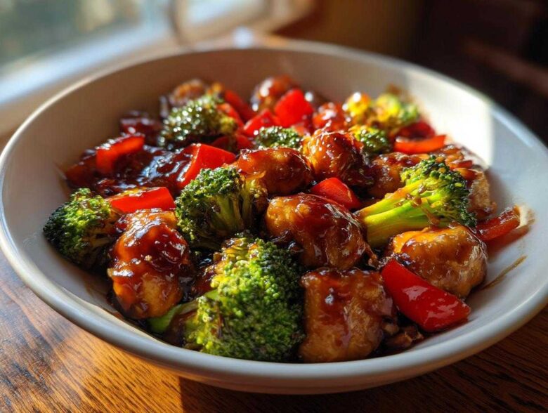 A close-up of a white bowl filled with glossy honey garlic chicken stir fry, featuring chicken pieces, bright green broccoli, and red bell peppers.