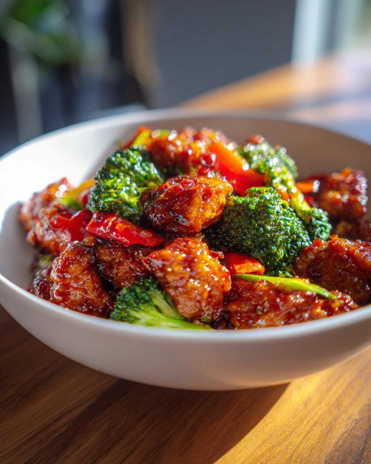 Close-up of glossy, saucy honey garlic chicken stir fry mixed with bright green broccoli florets.