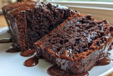 Close-up of a rich, dark slice of hot fudge brownie bread covered in dripping chocolate glaze.