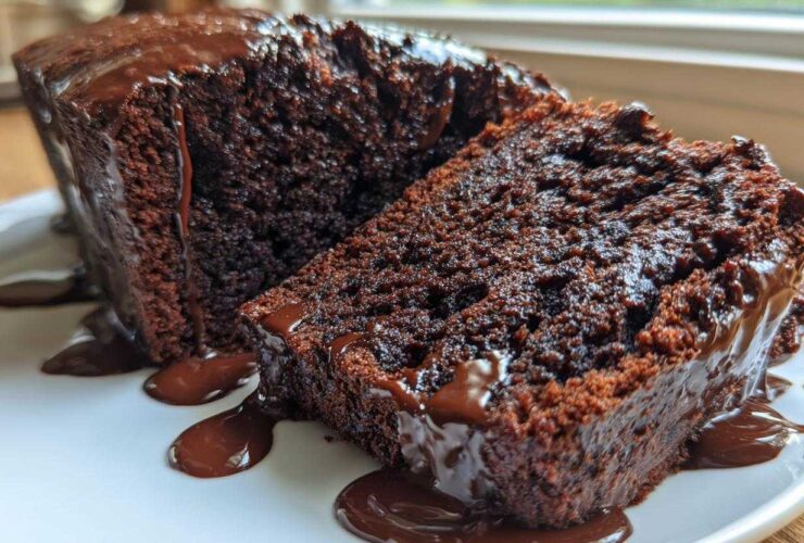 Close-up of a rich, dark slice of hot fudge brownie bread covered in dripping chocolate glaze.