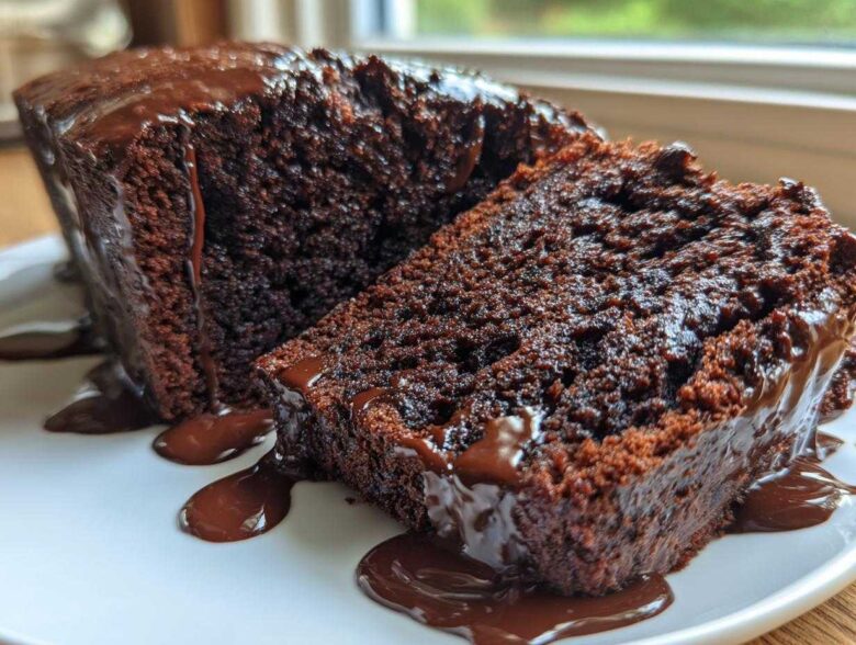 Close-up of a rich, dark slice of hot fudge brownie bread covered in dripping chocolate glaze.