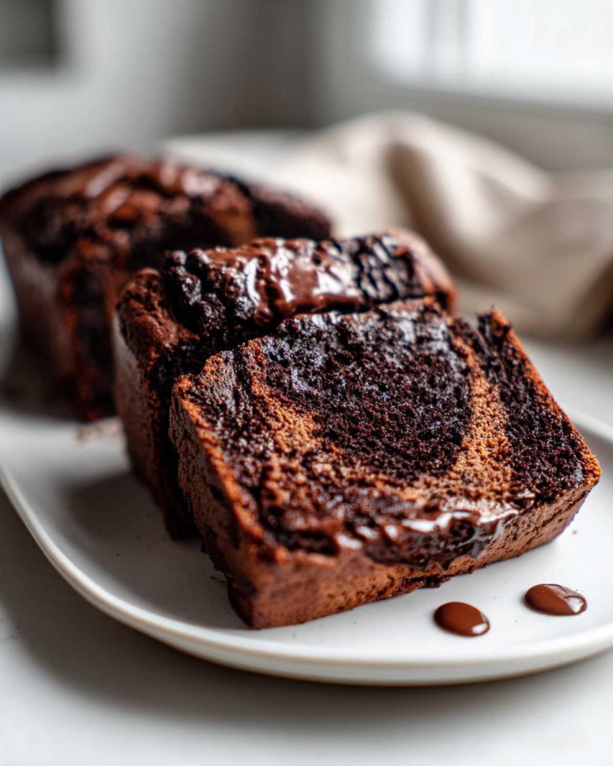 Close-up of thick slices of moist hot fudge brownie bread drizzled with chocolate sauce on a white plate.