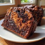 Close-up of two slices of moist hot fudge brownie bread, featuring a marbled chocolate interior and a glossy chocolate glaze topping.