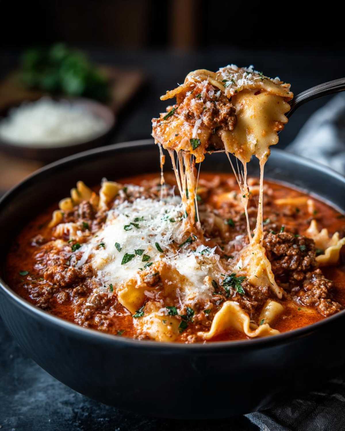 A spoonful of instant pot lasagna soup showing cheesy, stringy mozzarella pulling away from the bowl of rich meat sauce and pasta.