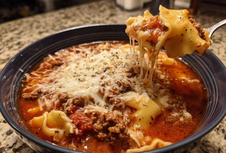 A spoonful of rich instant pot lasagna soup showing melted, stretchy mozzarella cheese being lifted from the bowl.