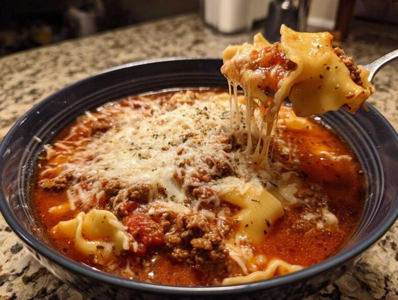 A spoonful of rich instant pot lasagna soup showing melted, stretchy mozzarella cheese being lifted from the bowl.