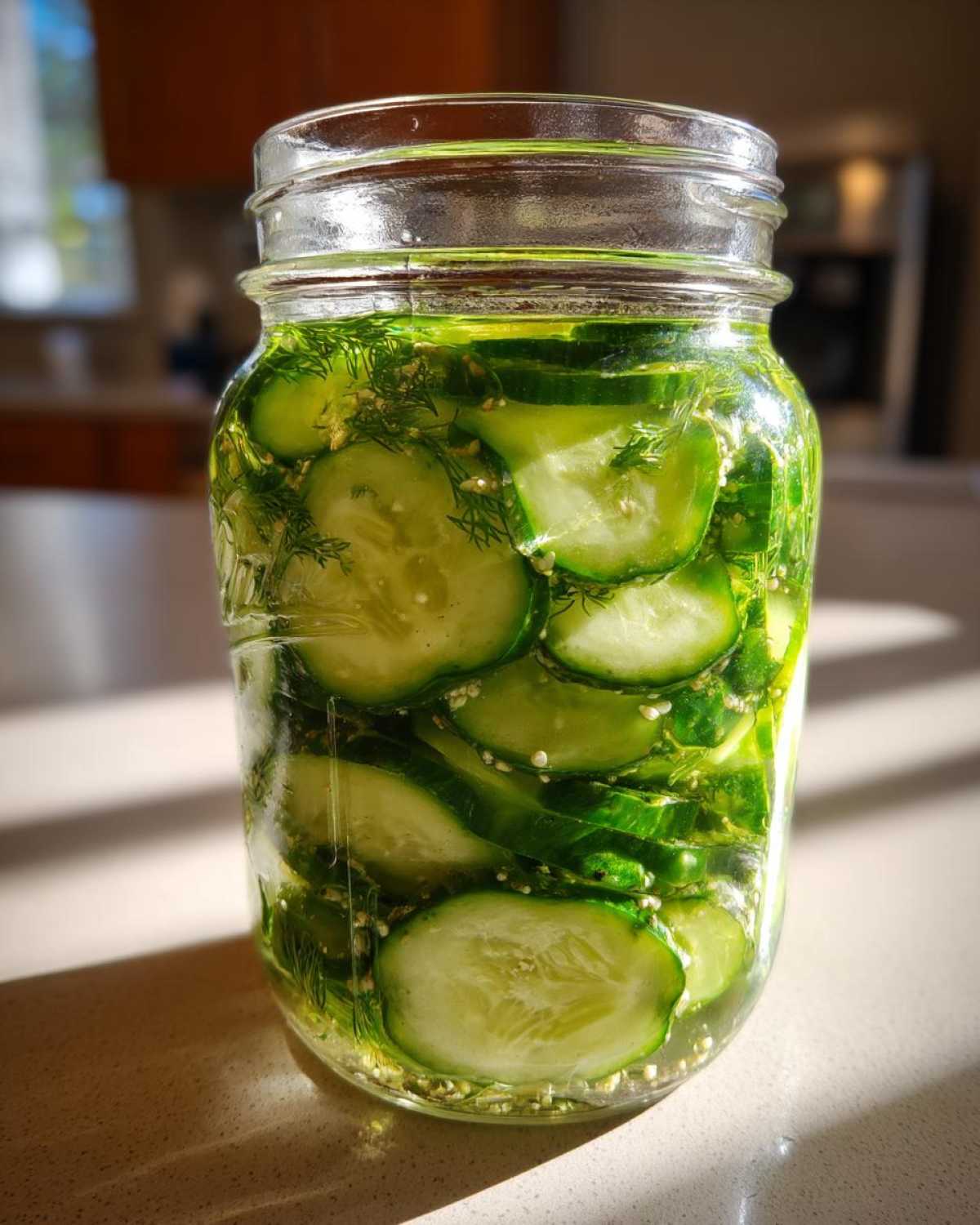 Close-up of sliced cucumbers and dill in liquid inside a glass jar making refrigerator pickles.