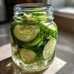 A glass jar filled with sliced cucumbers, fresh dill, and spices for making refrigerator pickles, illuminated by sunlight.