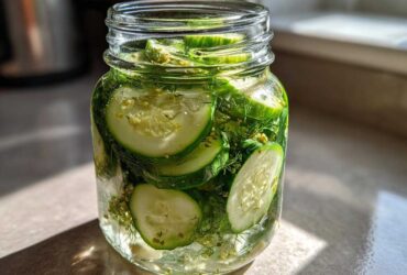 A glass jar filled with sliced cucumbers, fresh dill, and spices for making refrigerator pickles, illuminated by sunlight.