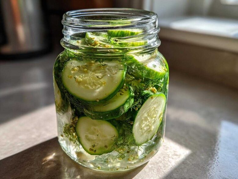 A glass jar filled with sliced cucumbers, fresh dill, and spices for making refrigerator pickles, illuminated by sunlight.