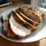 Slices of juicy crockpot turkey breast, seasoned with herbs, resting on a white plate.
