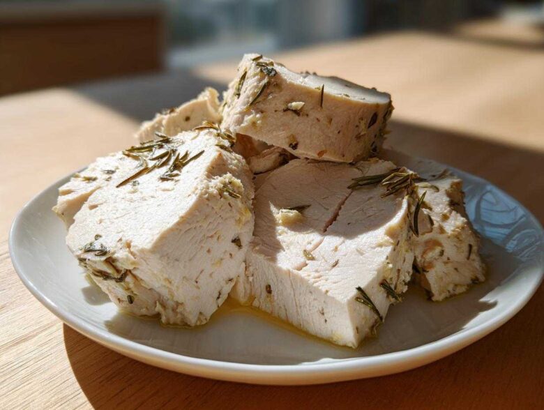 Slices of juicy crockpot turkey breast seasoned with rosemary and garlic, resting on a white plate.