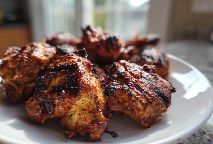 Close-up of perfectly grilled, charred chicken pieces coated in a rich red chicken marinade, served on a white plate.