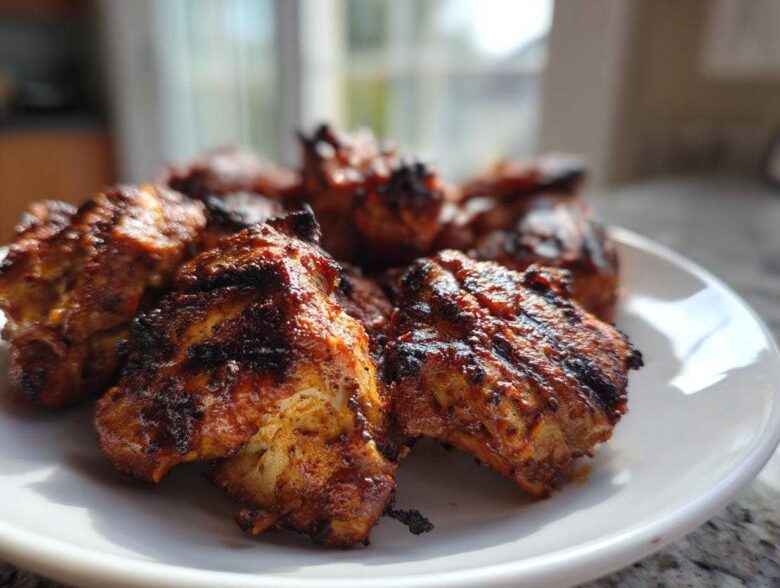 Close-up of perfectly grilled, charred chicken pieces coated in a rich red chicken marinade, served on a white plate.