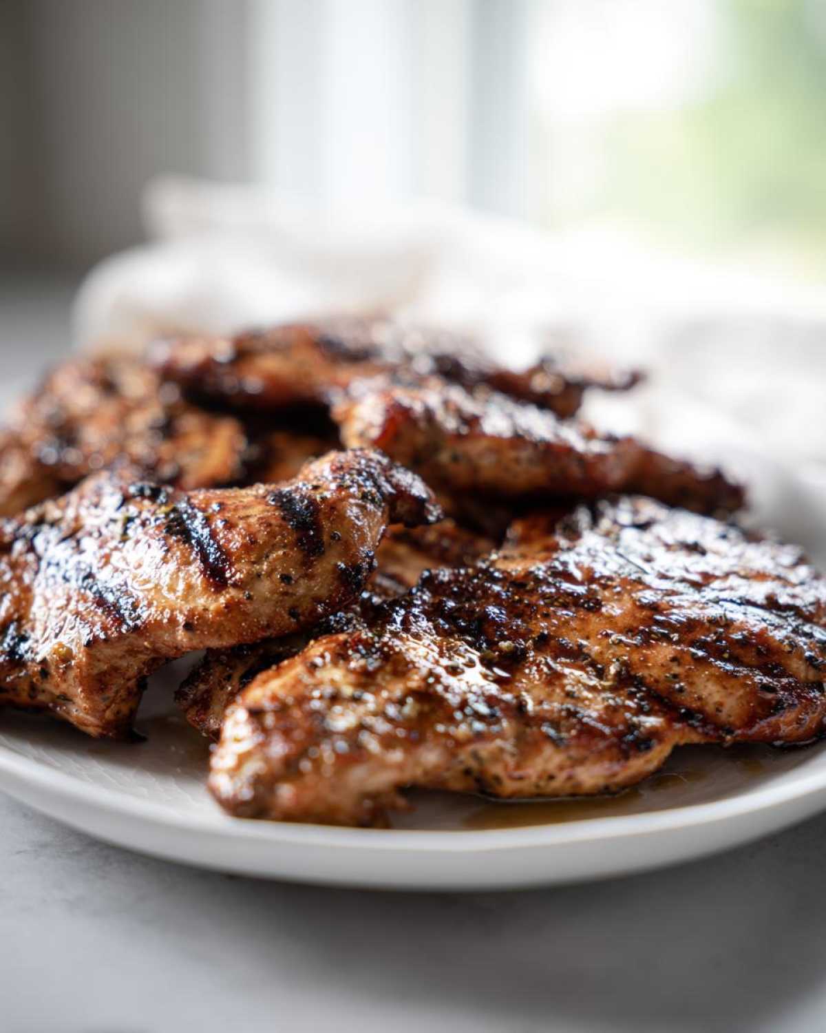 Close-up of perfectly grilled chicken pieces showing char marks, glistening from a flavorful chicken marinade.