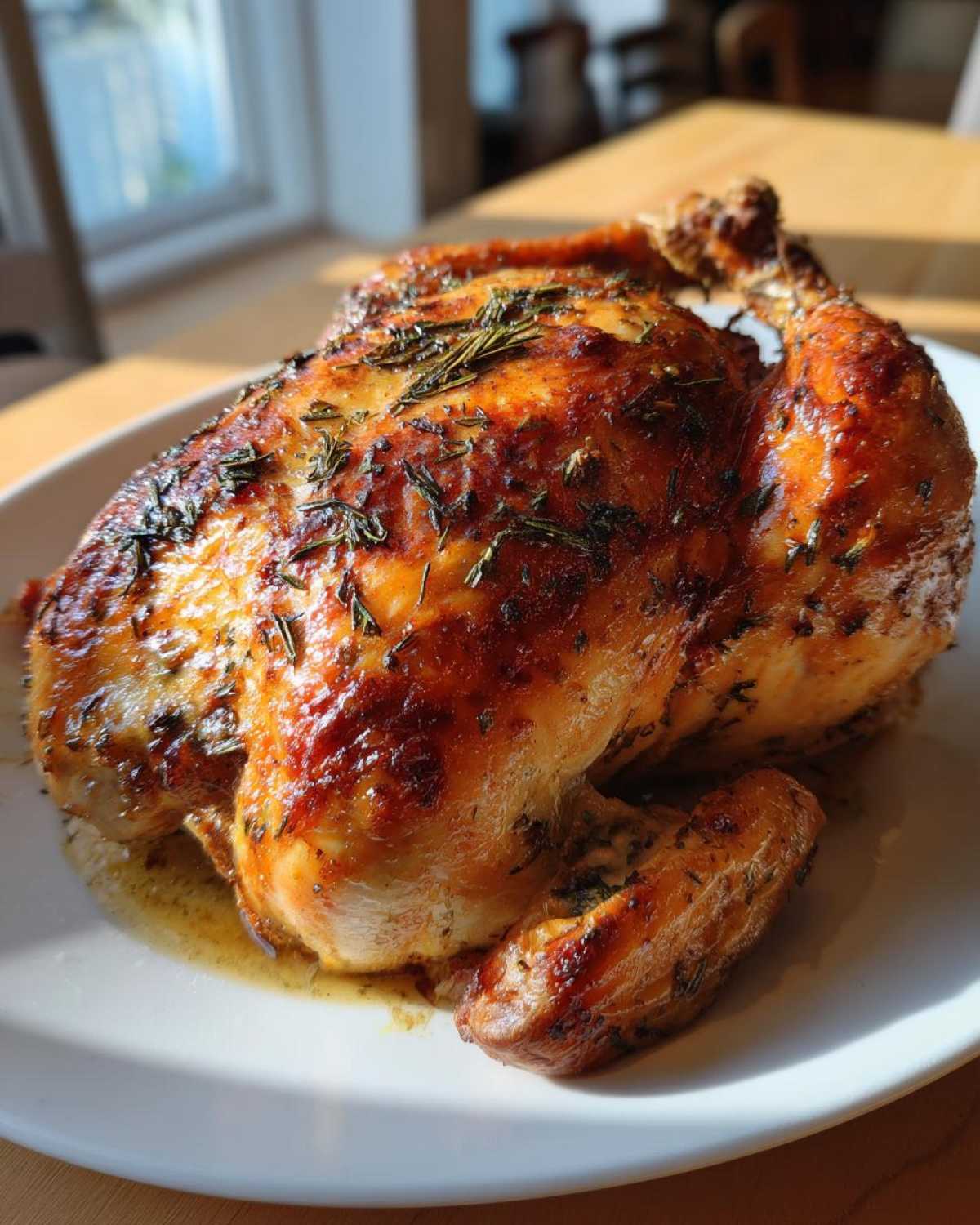 A whole, glistening roasted chicken with crispy, golden-brown skin seasoned with herbs, resting on a white plate.