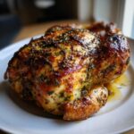 A perfectly cooked, juicy roasted chicken with a glistening, herb-crusted skin resting on a white plate.