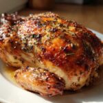 A whole roasted chicken with golden-brown, crispy skin seasoned with herbs, resting on a white plate.