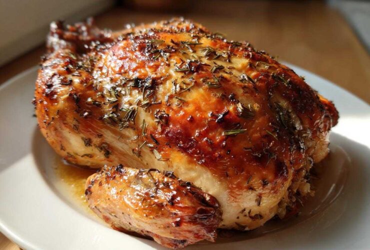 A whole roasted chicken with golden-brown, crispy skin seasoned with herbs, resting on a white plate.