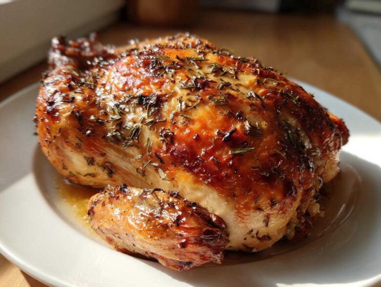 A whole roasted chicken with golden-brown, crispy skin seasoned with herbs, resting on a white plate.