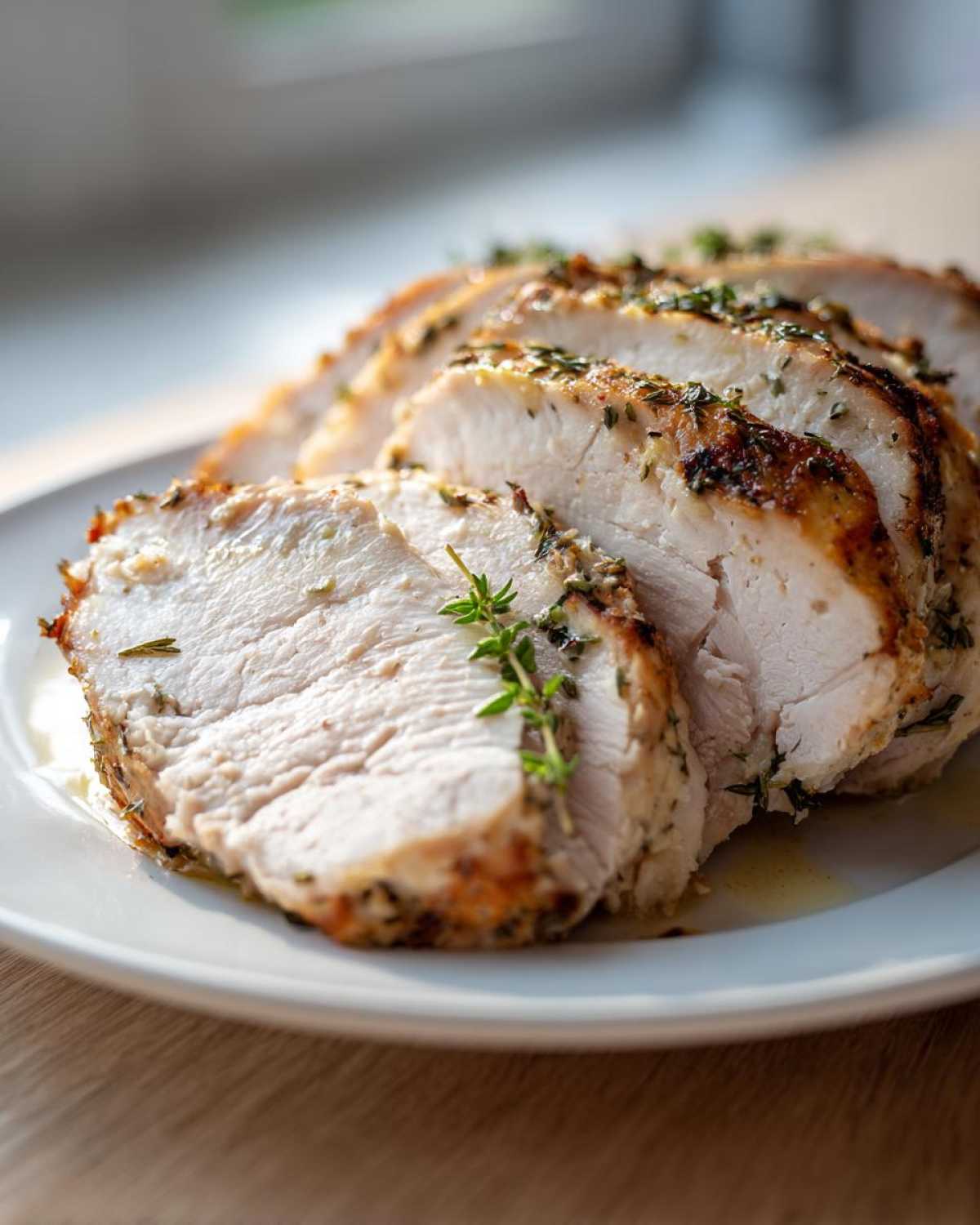 Close-up of juicy, sliced crockpot turkey breast seasoned with herbs and garnished with fresh thyme.
