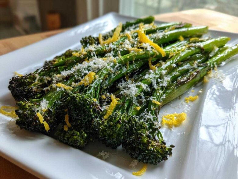 Close-up of roasted broccolini topped with grated Parmesan cheese and bright yellow lemon zest.