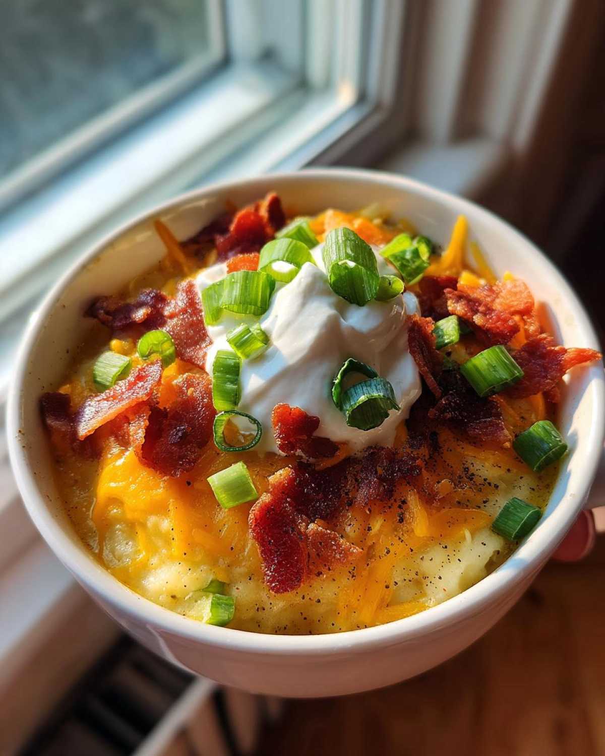 A close-up of a hearty bowl of loaded potato soup recipe topped with sour cream, bacon, cheese, and scallions.