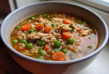 Close-up of a bowl filled with flavorful turkey soup featuring shredded turkey, brown rice, bright green peas, and sliced carrots.