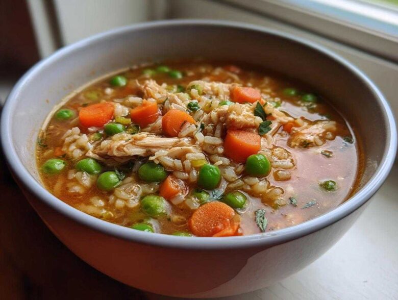 Close-up of a bowl filled with flavorful turkey soup featuring shredded turkey, brown rice, bright green peas, and sliced carrots.