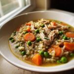 Close-up of a bowl of comforting turkey soup featuring shredded turkey, rice, bright orange carrots, and green peas.