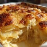 Close-up of creamy, cheesy scalloped potatoes with a deeply browned, bubbly top layer in a white baking dish.