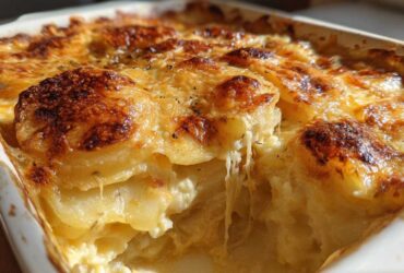 Close-up of creamy, cheesy scalloped potatoes with a deeply browned, bubbly top layer in a white baking dish.