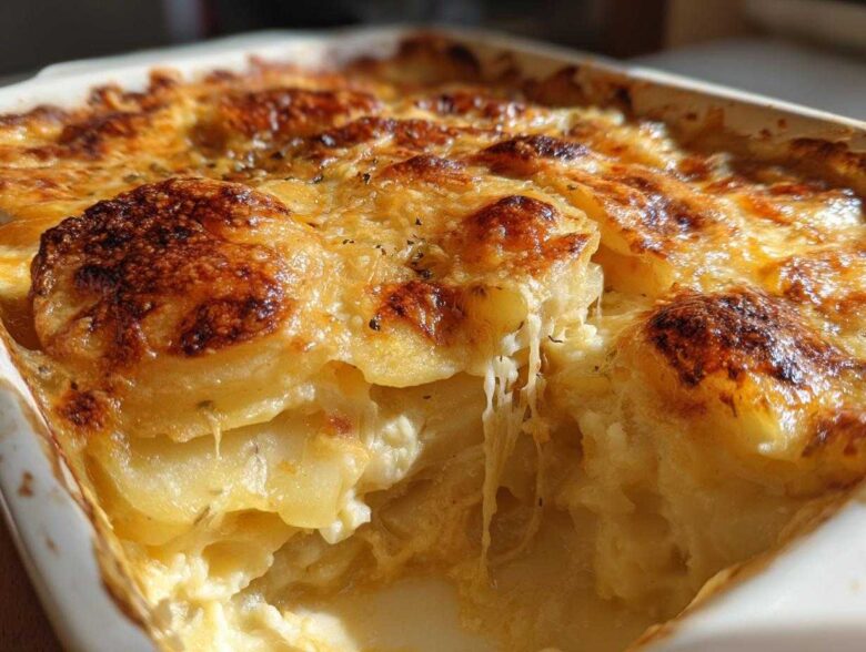 Close-up of creamy, cheesy scalloped potatoes with a deeply browned, bubbly top layer in a white baking dish.