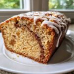 A moist slice of homemade apple bread, featuring visible apple chunks and a cinnamon swirl, topped with a white vanilla glaze.
