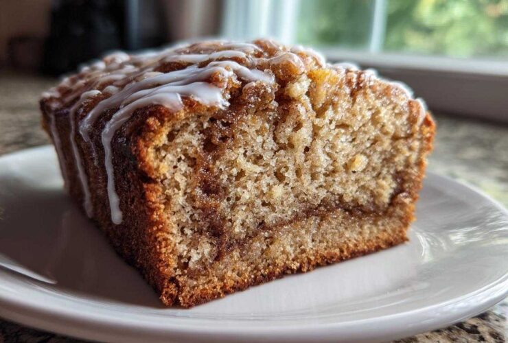 Close-up of a moist slice of apple bread with a cinnamon swirl and white vanilla glaze drizzled on top.