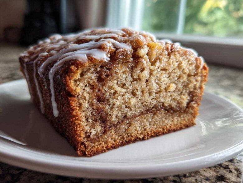 Close-up of a moist slice of apple bread with a cinnamon swirl and white vanilla glaze drizzled on top.