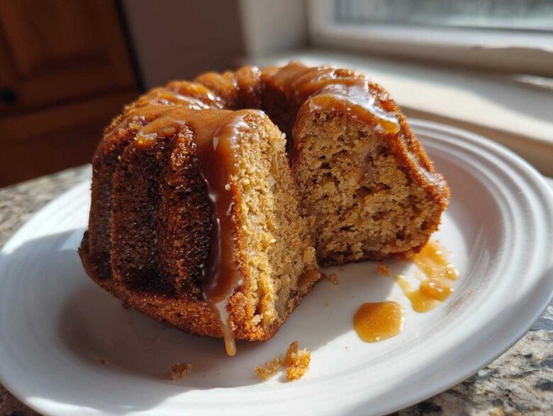 A slice cut from a moist apple bundt cake topped with glossy caramel sauce, served on a white plate.