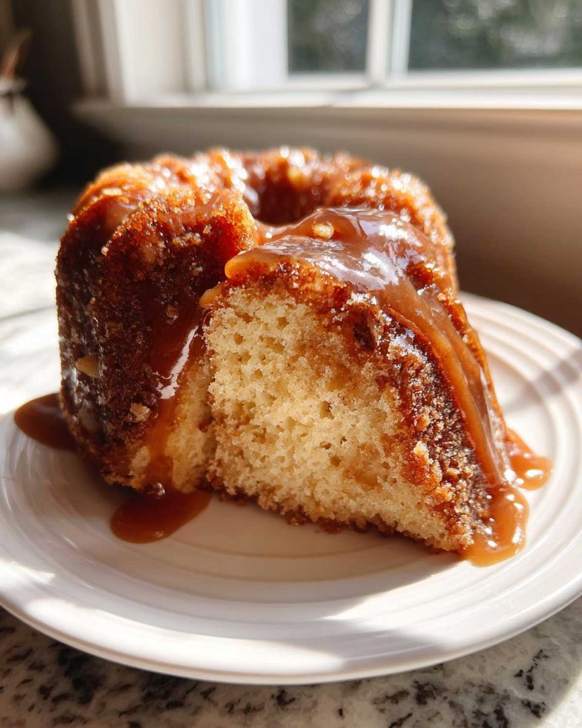 A moist slice cut from an apple bundt cake, generously topped with caramel sauce, sitting on a white plate.